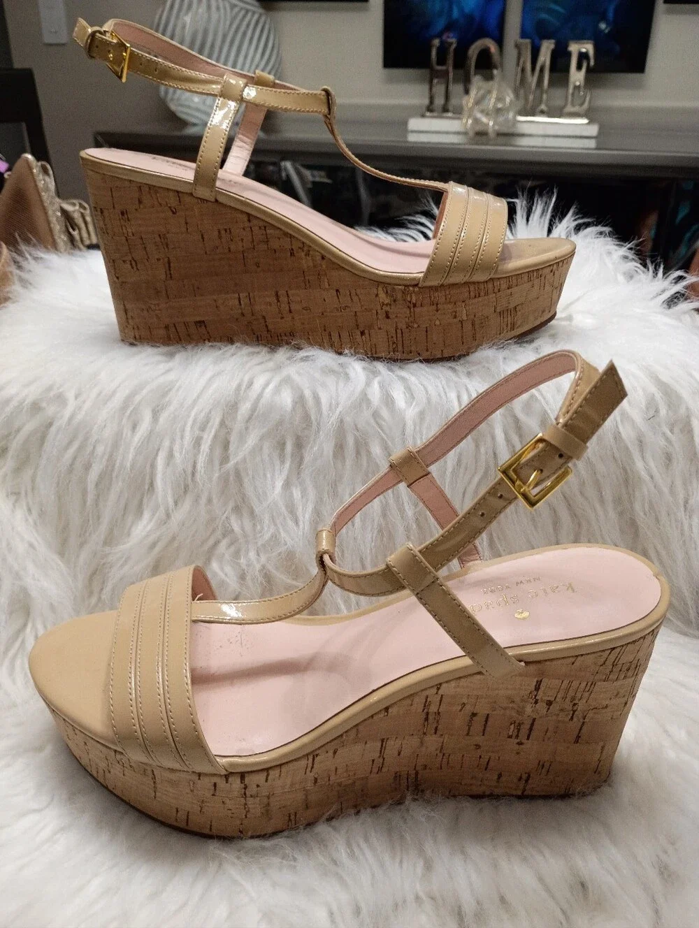 kate spade Tallin Nude Patent Leather Cork Wedge Sandals SZ 8